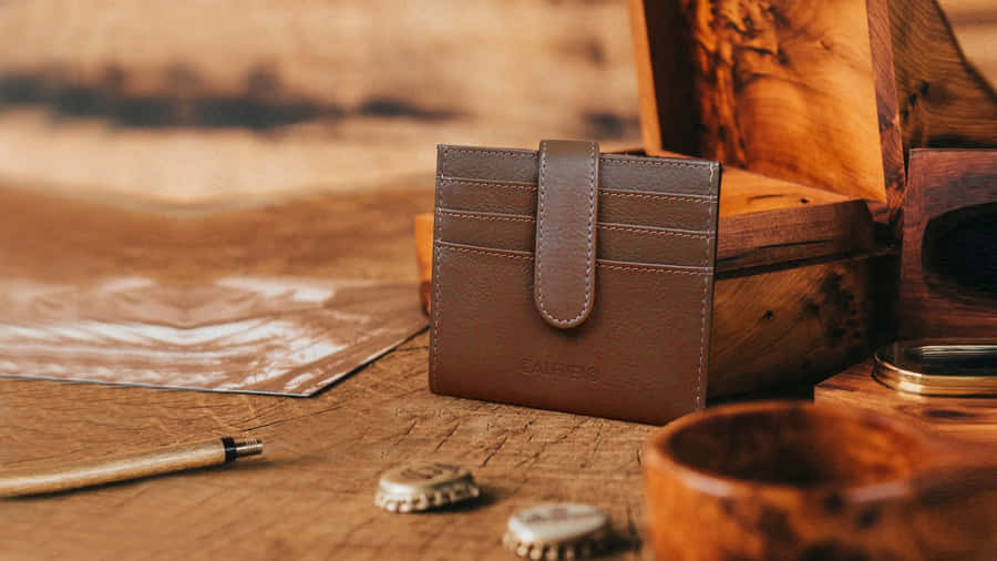 Leather Wallet Wooden Background Wallpaper