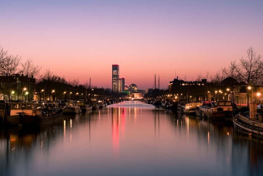 Leeuwarden Waterfront Dusk Skyline Wallpaper