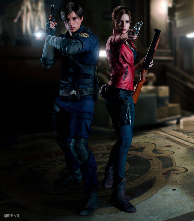 Leon And Claire Battle Their Way Through The Rpd In Resident Evil 2 Remake Wallpaper
