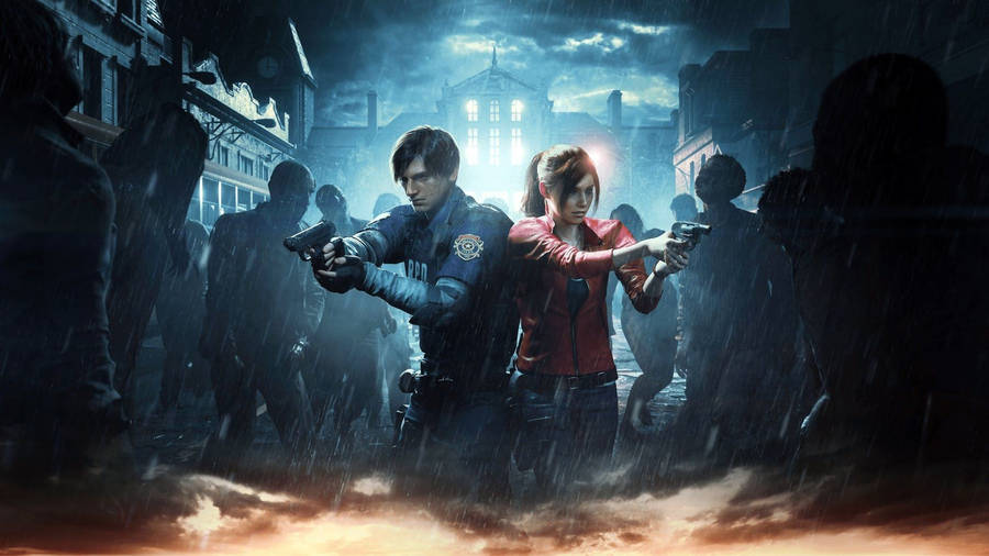 Leon And Claire Brave The Elements In Resident Evil 2 Wallpaper