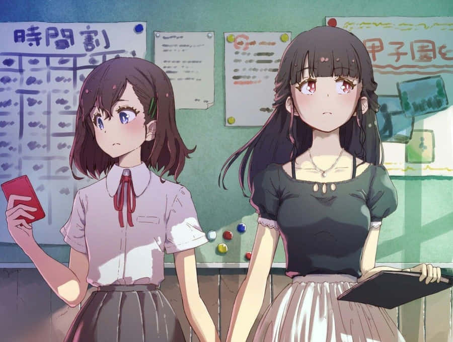 Lesbian Anime School Girl In Classroom Wallpaper