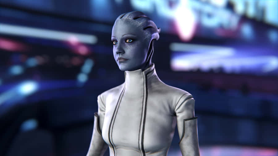Liara T'soni, The Brave Asari Scientist In Action Wallpaper