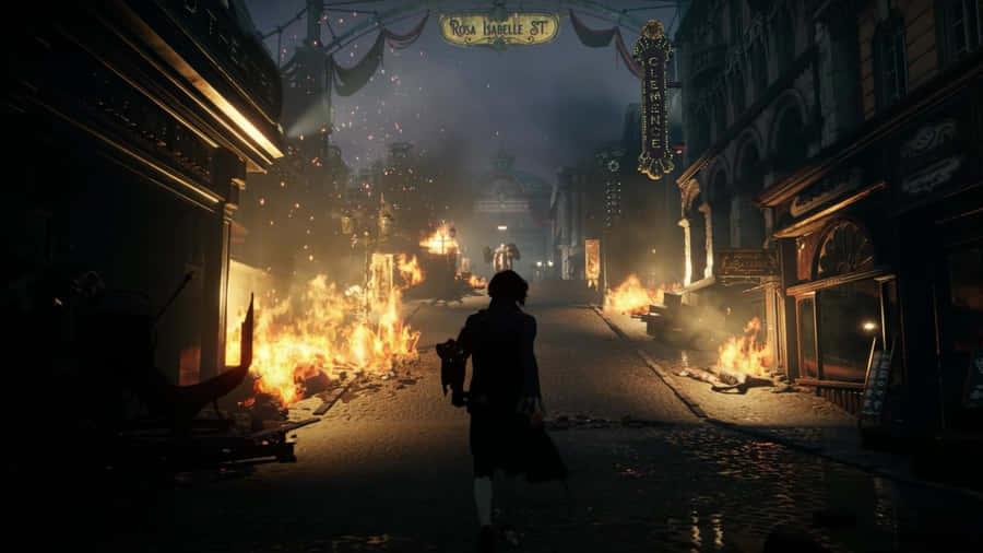 Liesof P Dark Flaming Street Scene Wallpaper