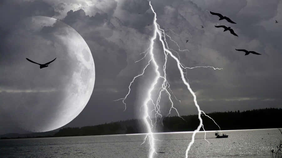 Lightning Struck Moonlit Lake Wallpaper