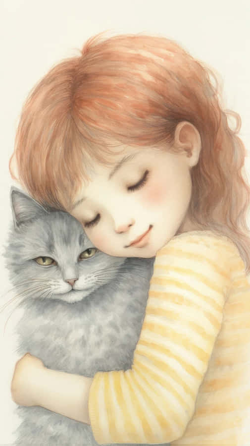 Little Girl Embracing Cat Illustration Wallpaper