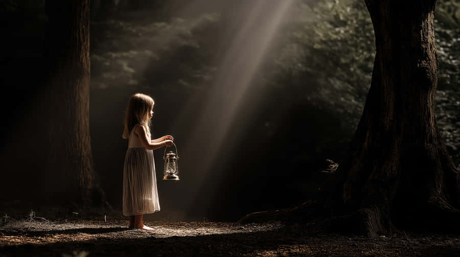 Little Girl With Lantern In Mystical Forest Light Beams Wallpaper