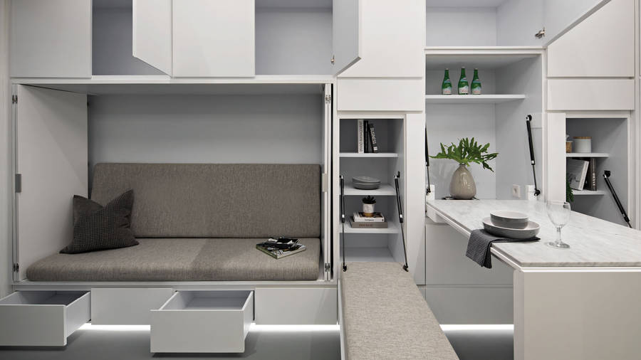 Living Room With Folding Furnitures Wallpaper