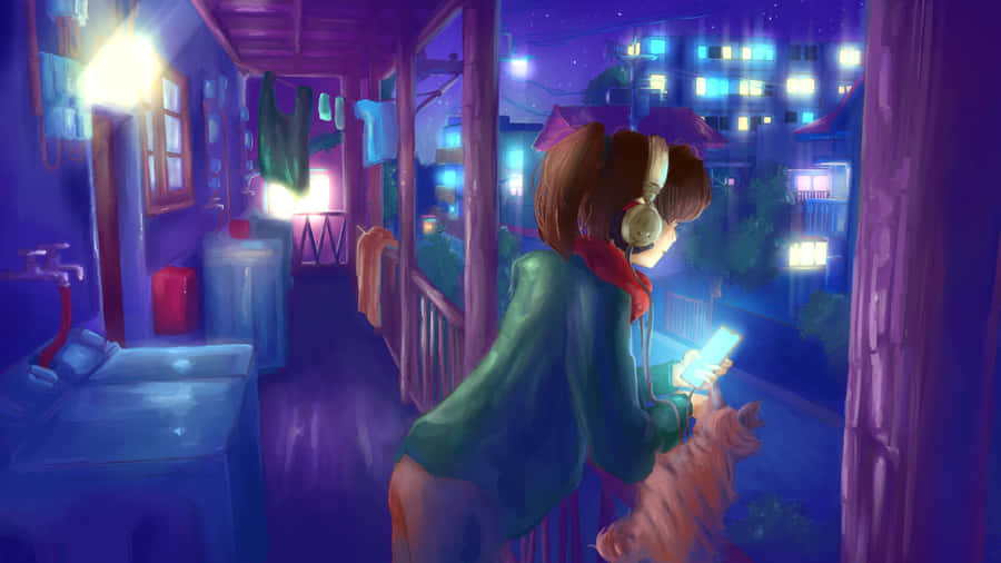 Lofi Girl Balcony Night Scene Wallpaper