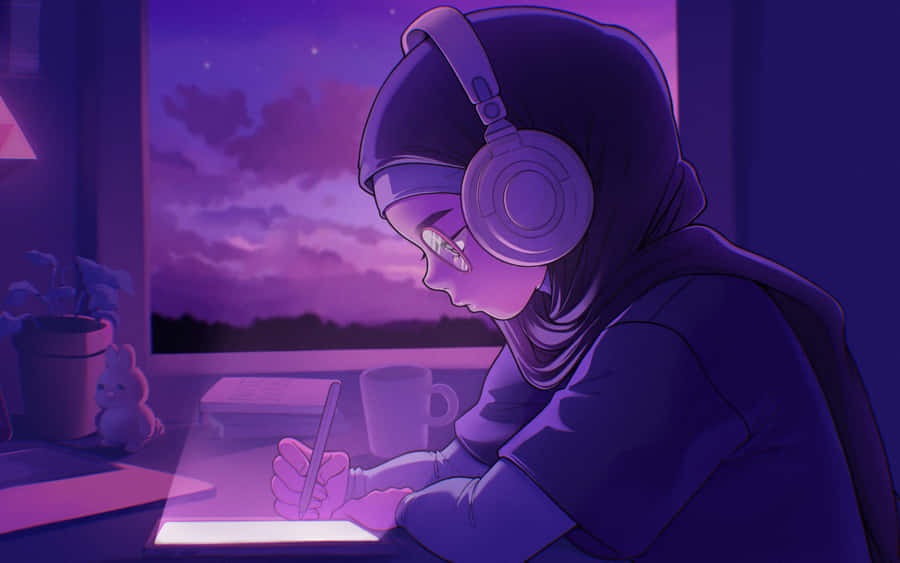 Lofi Girl Studyingat Dusk Wallpaper