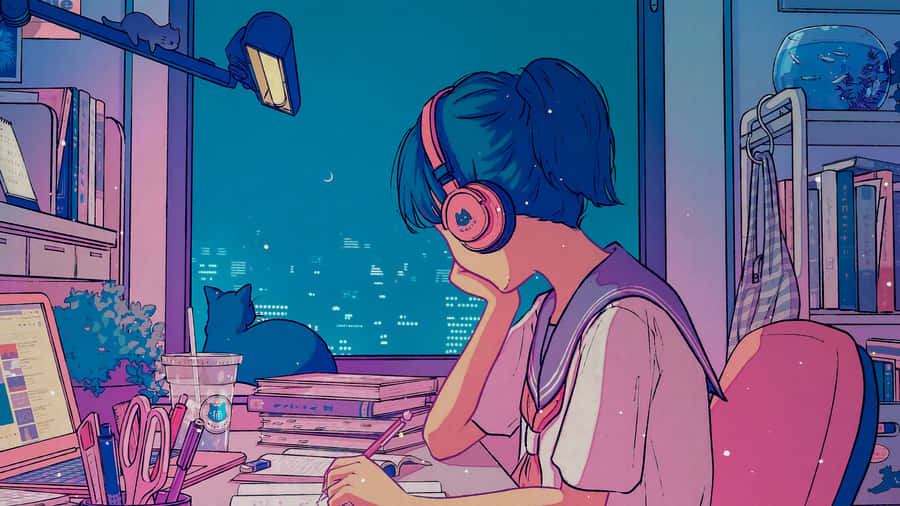 Lofi Girl Studyingwith Cat Wallpaper
