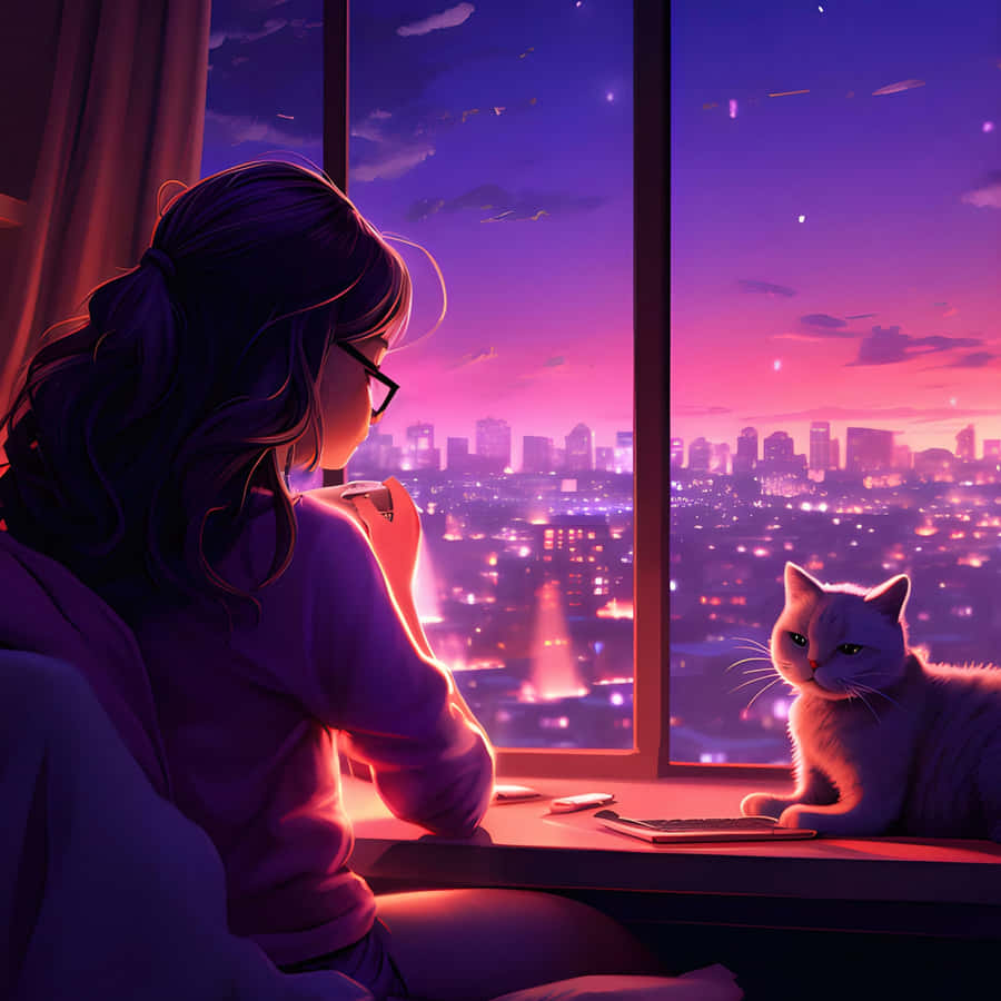 Lofi Girl Studyingwith Catat Sunset Wallpaper