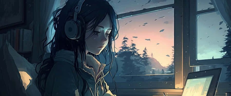 Lofi Girl Studyingwith Headphones Wallpaper