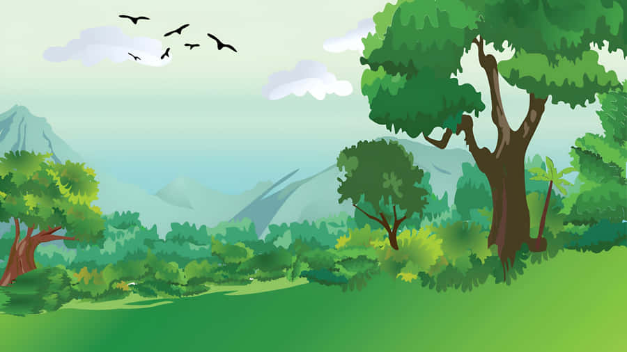Lush Cartoon Forest Scene Wallpaper