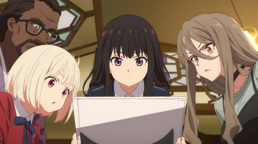 Lycoris Recoil Characters Gathered Around Screen Wallpaper