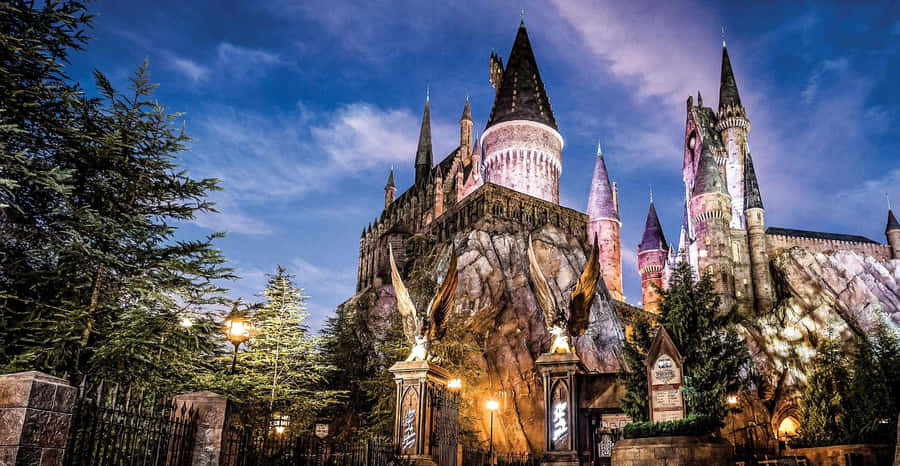 Magical Evening In Hogsmeade Village, Hogwarts Express In Background Wallpaper