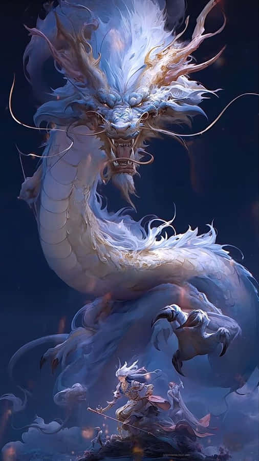 Majestic_ Dragon_and_ Warrior_ Encounter Wallpaper