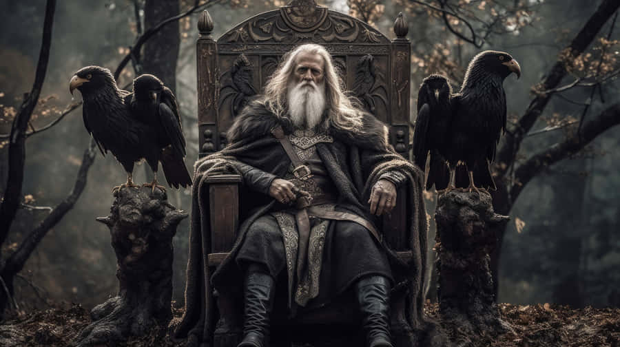 Majestic_ Odin_and_ Ravens_ Throne_ Scene Wallpaper