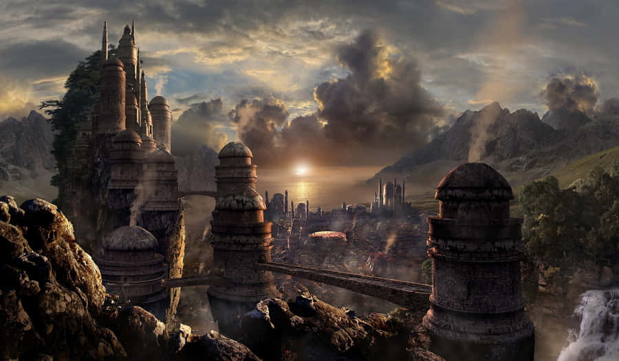 Majestic Skyrim Landscape At Sunrise Wallpaper