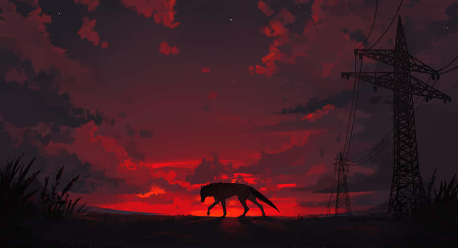 Majestic Wolf Silhouetted Against A Dramatic Sunset Wallpaper