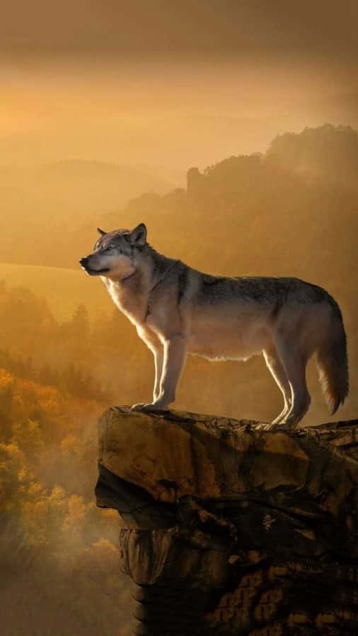 Majestic Wolf Sunset Cliff Wallpaper