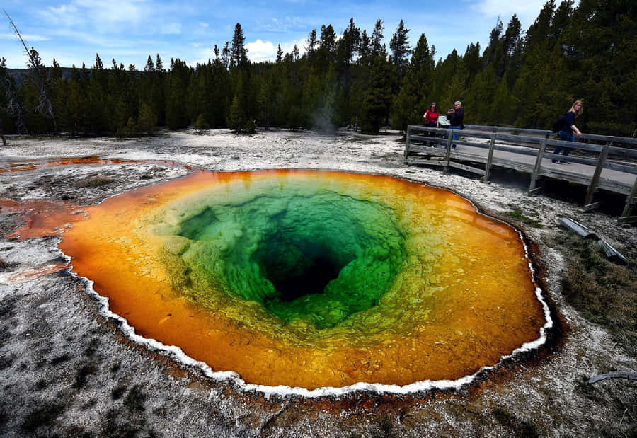 Majestic Yellowstone Geysers Erupting Amidst Picturesque Landscape Wallpaper