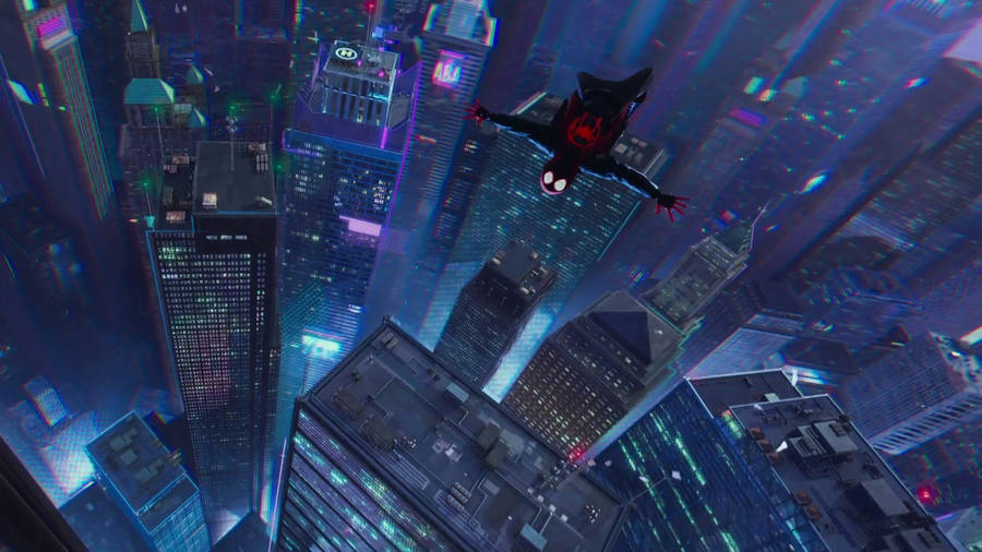 Making A Daring Entrance - Spiderman Takes To The Sky In Spider Verse Wallpaper