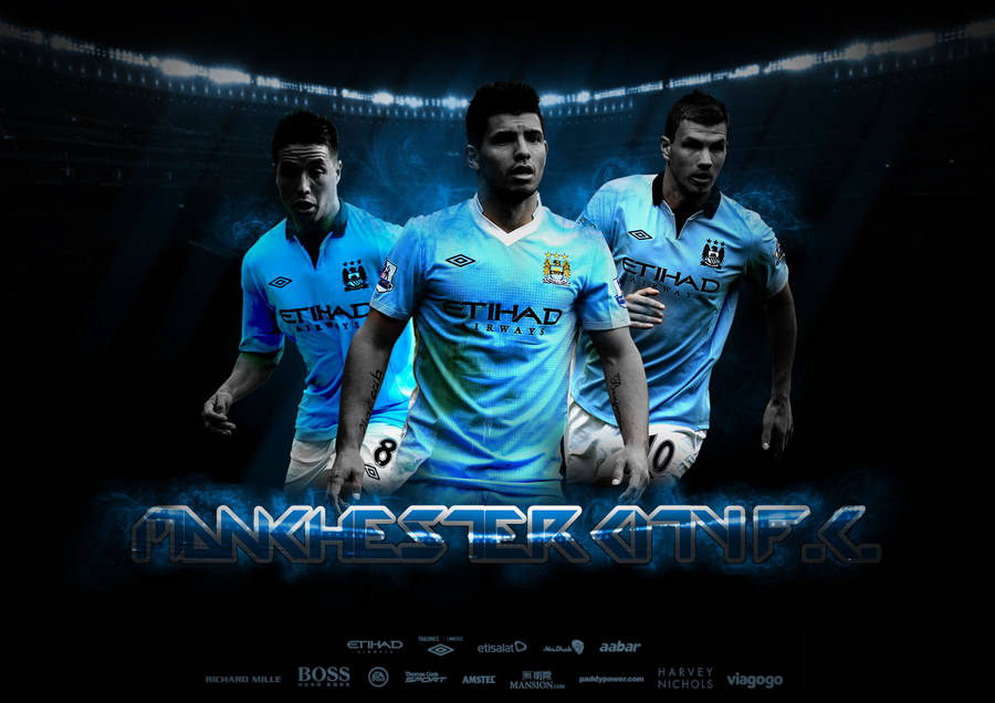 Manchester City Trio Shine In Etihad Stadium Wallpaper