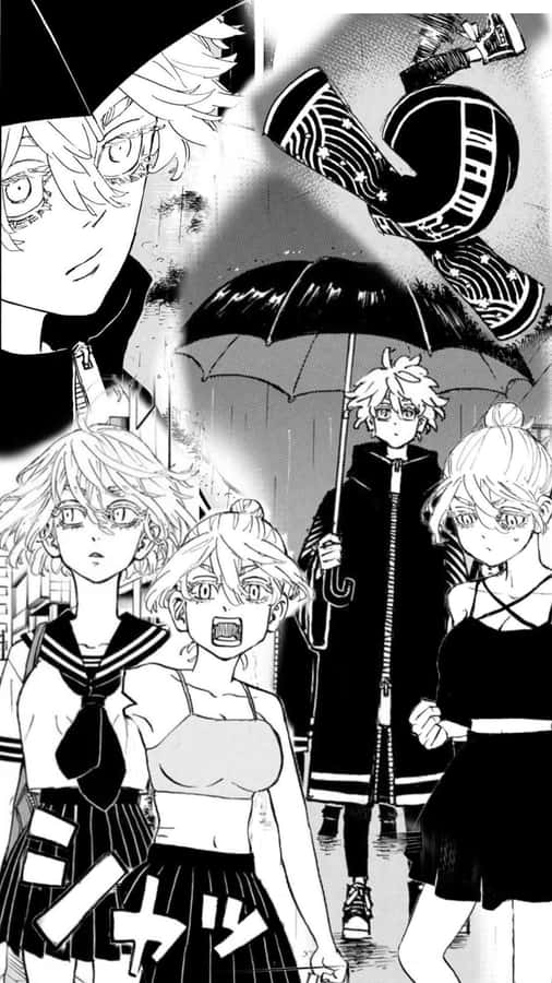 Manga Characters Under Umbrella Wallpaper
