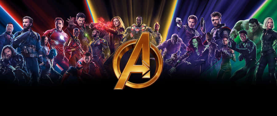 Marvel 3440 X 1440 Avengers Logo Against Superheroes Wallpaper
