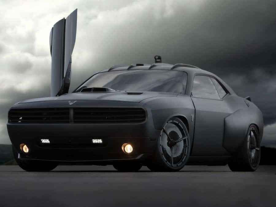 Matte Black Muscle Car With Vertical Doors Wallpaper