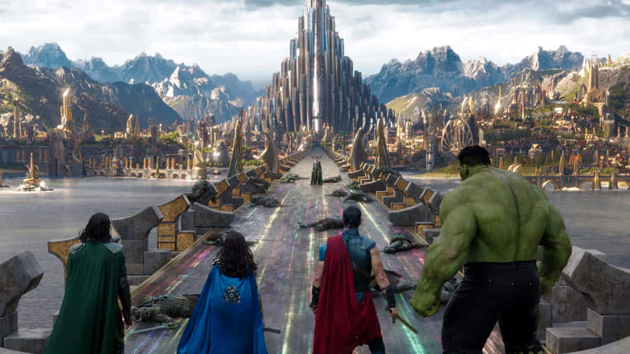 Mcu Characters Approaching Asgardian Palace Wallpaper