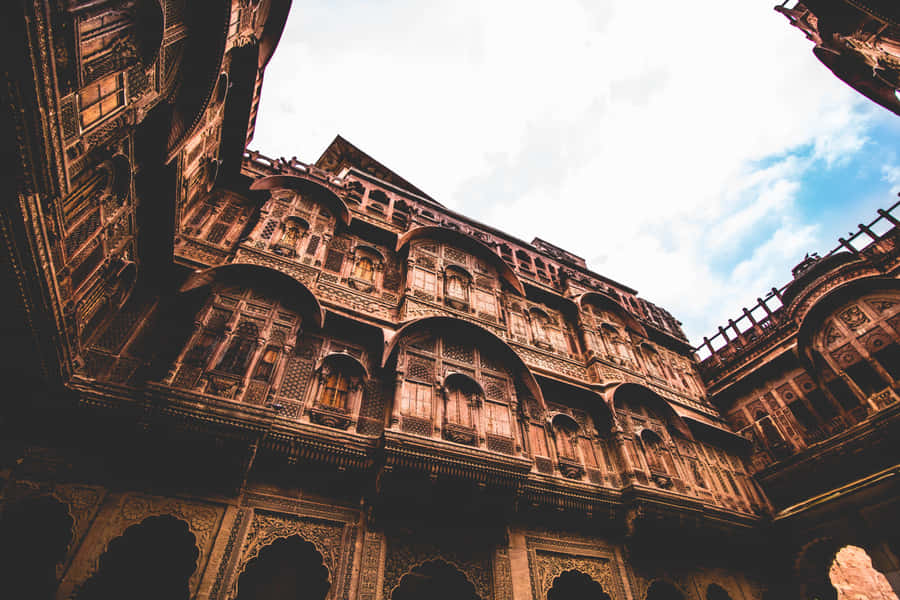 Mehrangarh Fort Courtyard Cloudy Sky Wallpaper