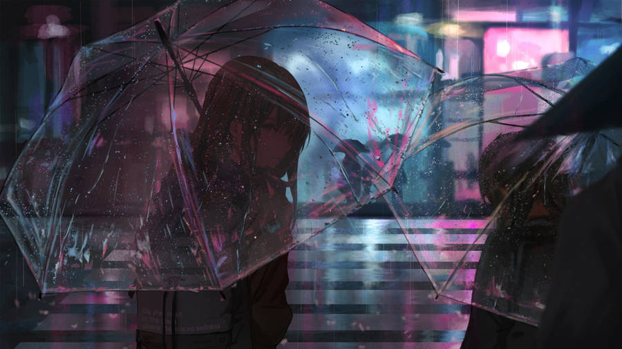 Melancholy Anime Girl Under Umbrella Wallpaper