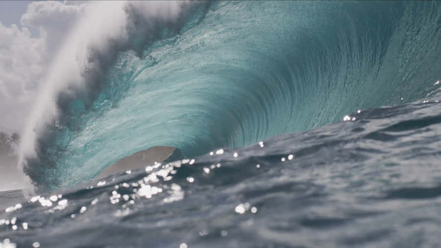 Mighty Tsunami Wave Approaching Surrealistic Cityscape Wallpaper