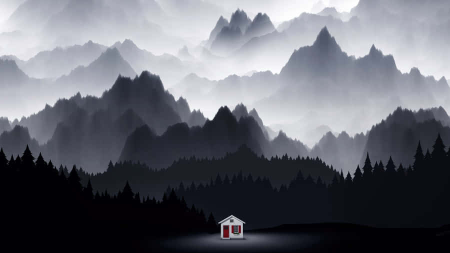 Minimalist Mountain Forestwith Lone Cabin Wallpaper