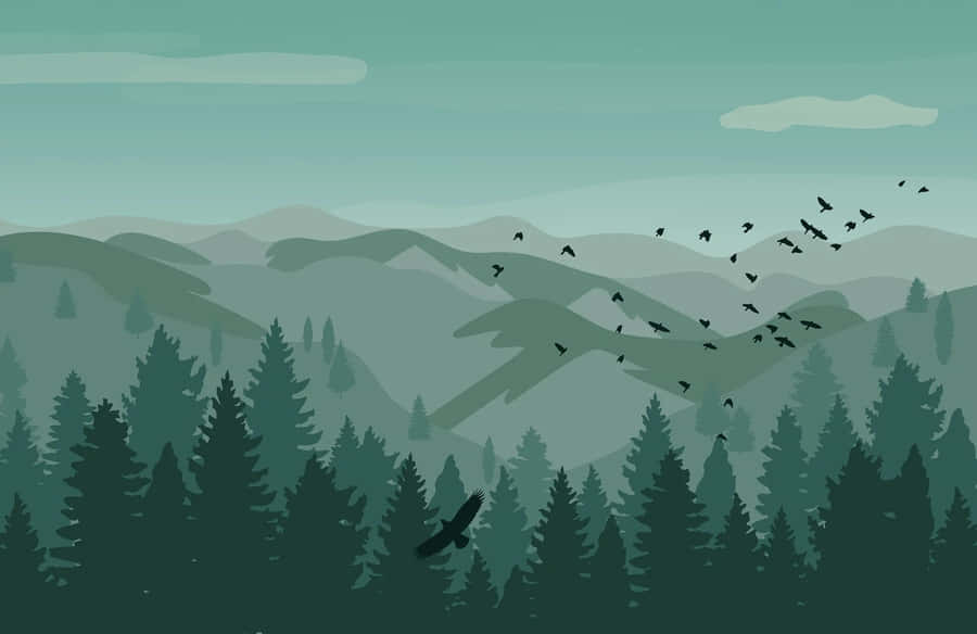Misty_ Forest_ Mountain_ Landscape_with_ Birds_ Flying Wallpaper