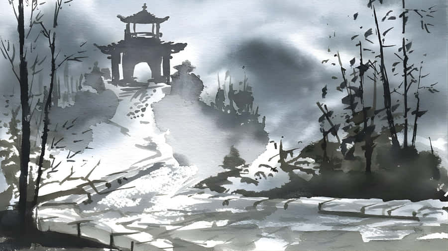 Misty Mountain Watercolor Scene Wallpaper