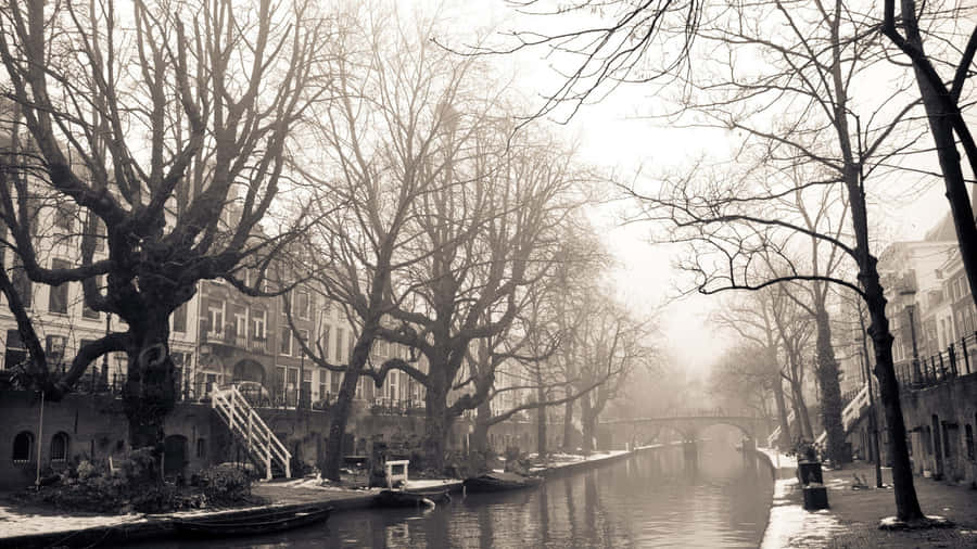 Misty Utrecht Canal Vintage View Wallpaper