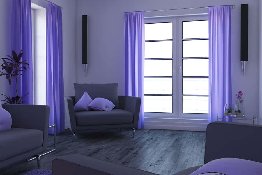 Modern Living Roomwith Purple Curtains Wallpaper