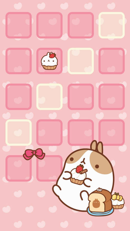 Molang Eating On Kawaii Pink Background Wallpaper