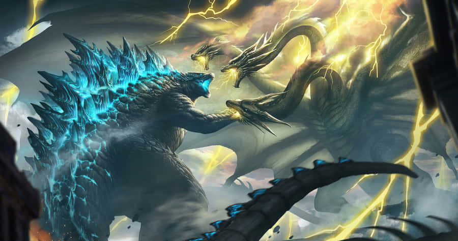 Monstrous Battle Between King Ghidorah And Godzilla In A Cityscape Wallpaper