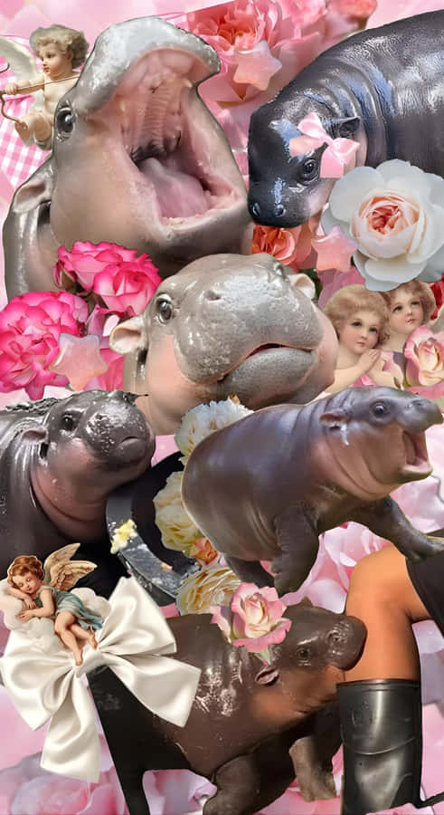 Moo Deng Hippo Collage Wallpaper