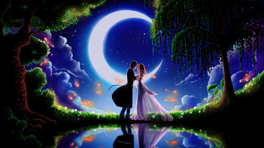 Moonlit Anime Romance Wallpaper