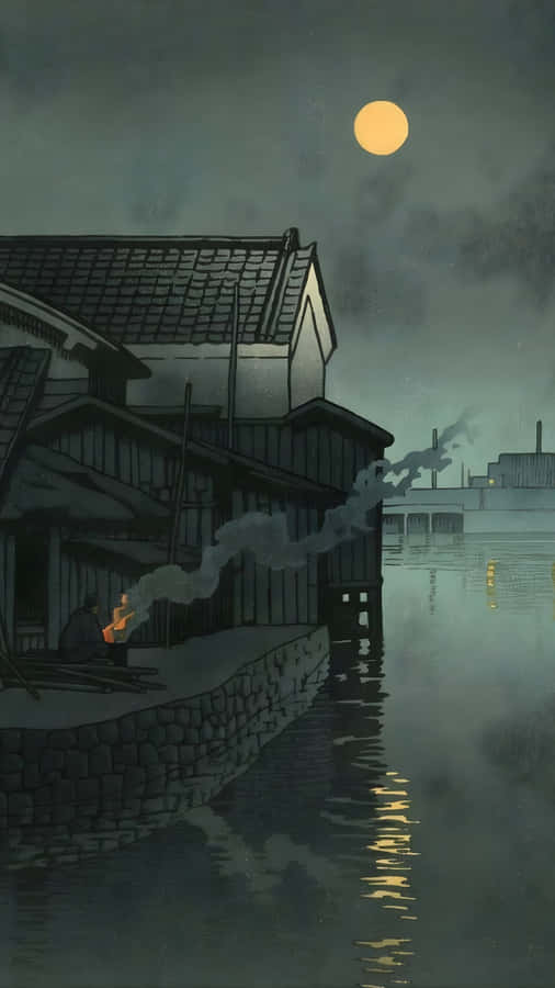 Moonlit Riverside Village Wallpaper