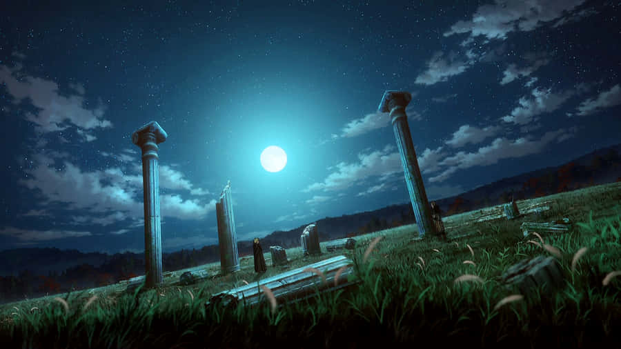 Moonlit Ruins In Nature Wallpaper