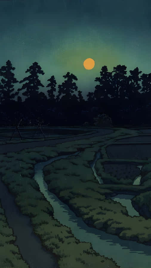 Moonlit Rural Landscape Kawase Hasui Wallpaper