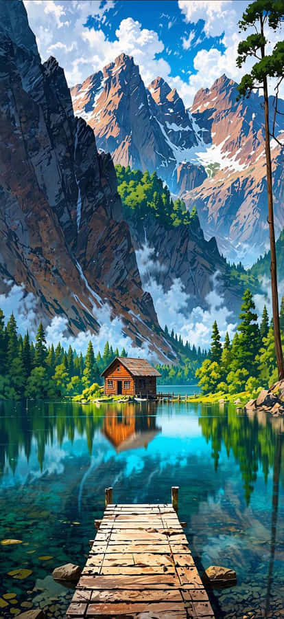 Mountain Lake Cabin Reflection Wallpaper