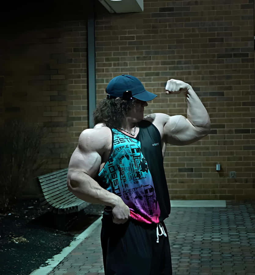 Muscular Man Flexing Biceps Outdoors Nighttime Wallpaper