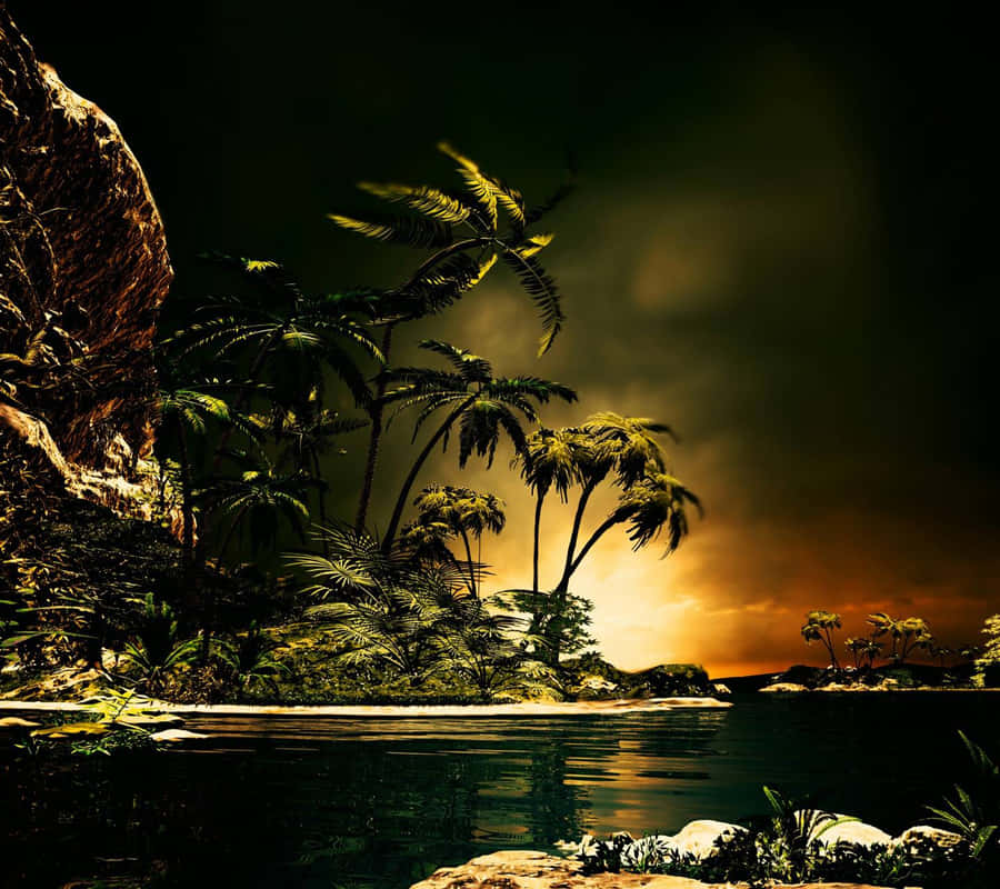 Mysterious Dark Island Against A Dramatic Sky Wallpaper