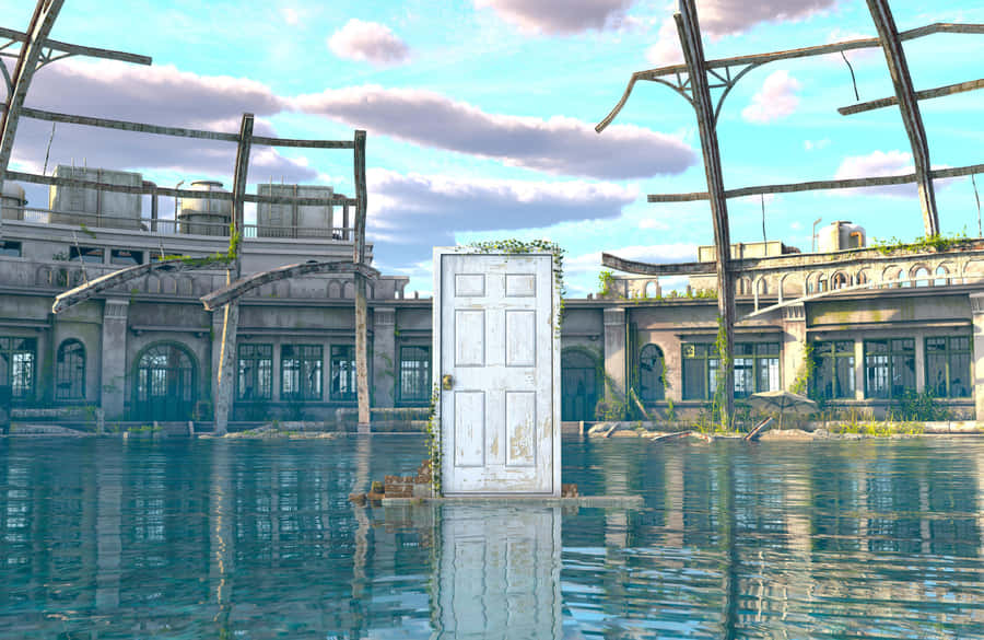 Mysterious Door Flooded Industrial Area Wallpaper